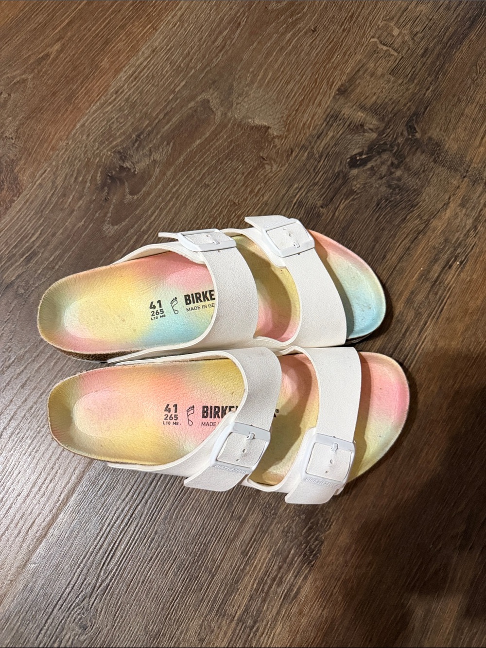 Birkenstock White Double-Strap Womens Sandals with Rainbow Footbed - Picture 3 of 5
